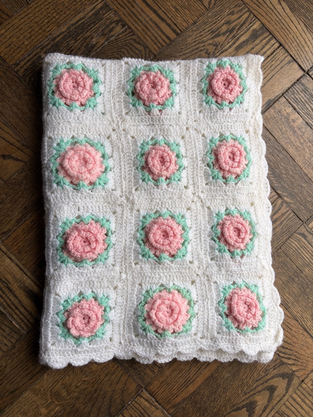 Handmade Crochet Floral Baby Blanket - Pink & Mint on Cream